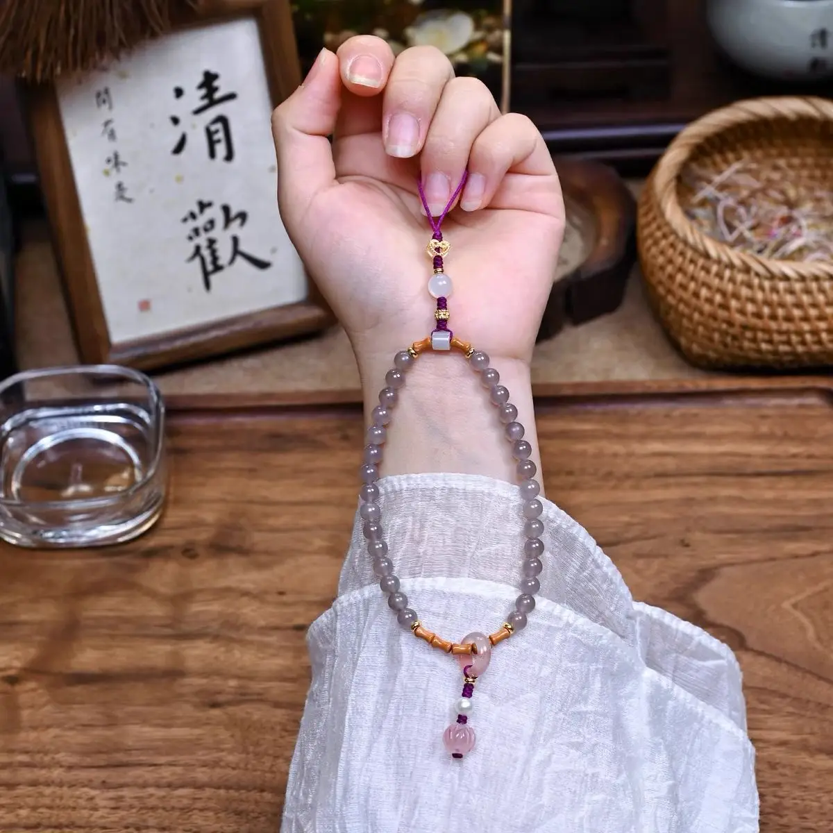 Original Handmade Original New Chinese Agate Smoke Purple Beaded Mobile Phone Chain High-end Light Luxury Wrist Lanyard Pendant