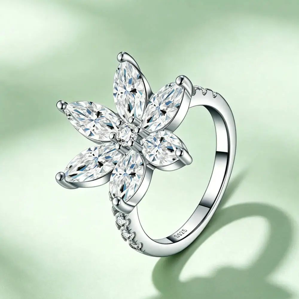 925 Sterling Silver 4x8mmPear Six Petal Marquise Floral Ring D VVS1 Moissanite Multi Tone Statement Daily Fine Jewelry For Women