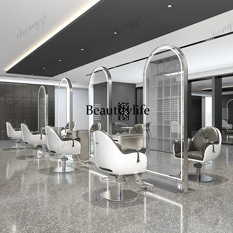 Hair Salon Double-Sided Hair Cutting Mirror For Hair Salon With Light Floor Dressing Table