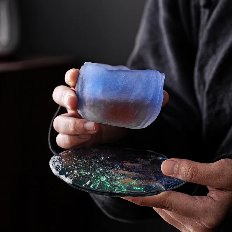 Taza de té pequeña de viento de marea nacional azul-verde glaciar de estilo japonés, taza de sake, taza esmaltada, azafata, taza de té, congelada a mano