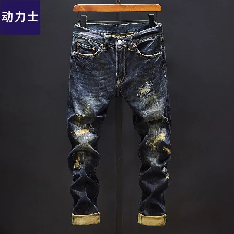 2024 Autumn/Winter New Fashion Solid Color Vintage Ripped Stretch Jeans Men's Casual Loose Comfortable High Quality Pants 28-36