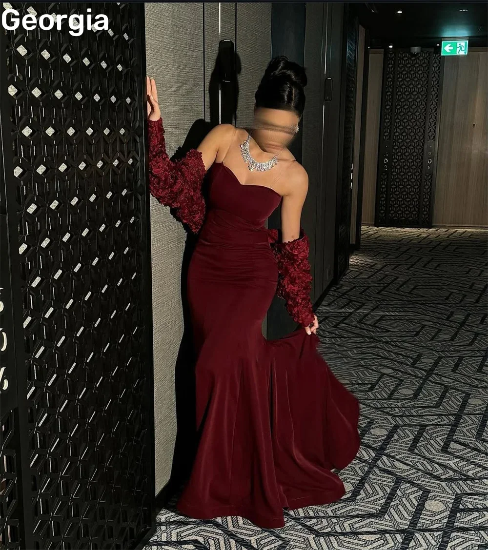 Burgundowa Dubajska Luksusowa Sukienka Wieczorowa Szyta na Miarę Dekolt w Serek Syrenka Sukienki Koktajlowe Długość Do Podłogi Falbany Zamek Błyskawiczny فستان حفلات الز