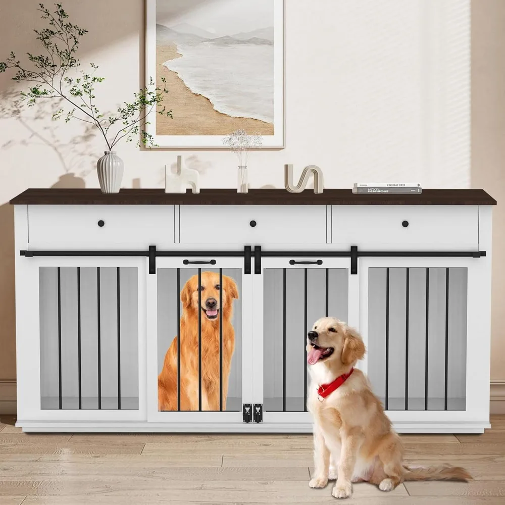 

Dog Crate Indoor Furniture for 2 Dogs, 71.6'' Dog Kennel with 3 Drawers and Sliding Doors, Heavy Duty Wooden Dog Cage for Large