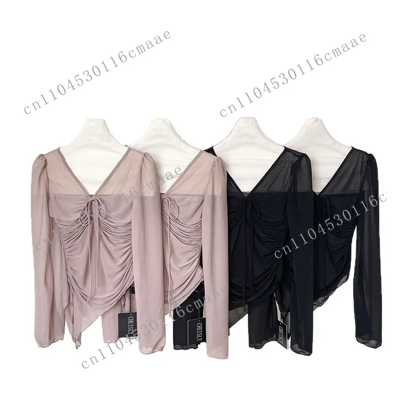 Fashion Niche Slim Fit and Thin V-neck Pure Desire Sexy Spice Bottoming Shirt Summer Pleated Design Versatile Top Ins