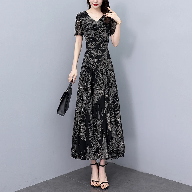 2023 sommer Neue Casual Floral Chiffon Kleid für Frauen Elegante Schwarz Vintage Kleider Bodycon Chic Prom Party Nacht Lange Vestidoss