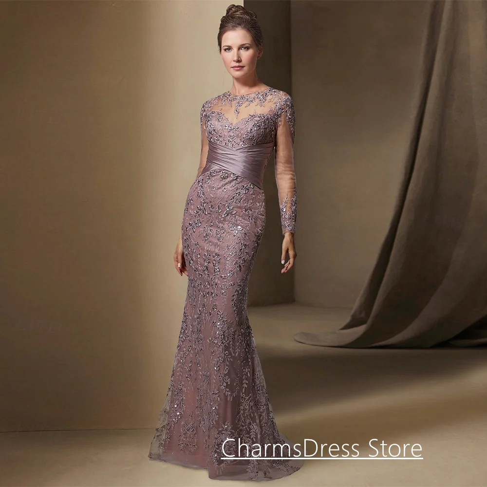 Lace Mermaid Evening Dress with Detachable Skirt Customized Round Neck Illusion Long Sleeves Sequined Applique Prom Gown