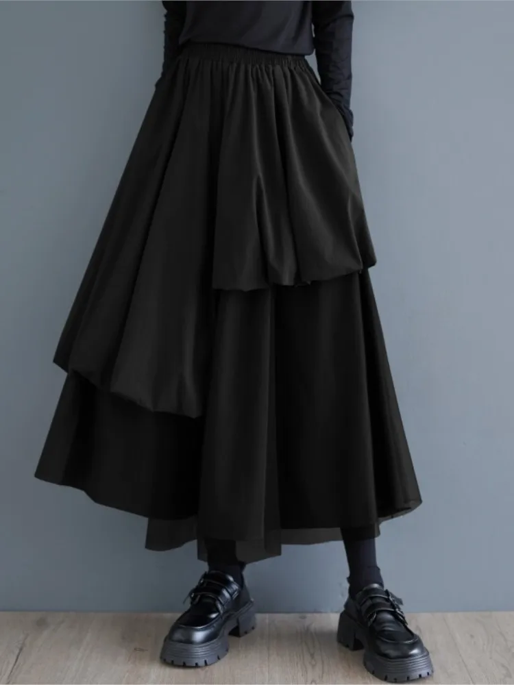 Oversized elástico de cintura alta outono a linha saia feminina irregular retalhos modis plissado senhoras saias soltas mulher