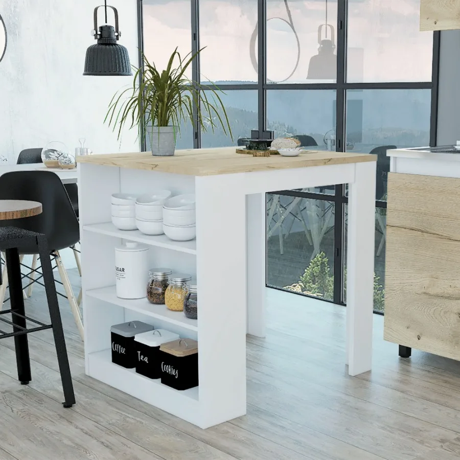 Isla de cocina Elkins 3 cajones blanco y pino