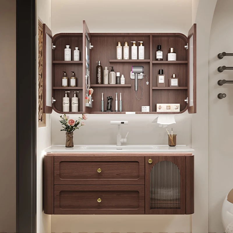 

Bathroom Vanity Walnut Ceramic Integrated Basin Bathroom Cabinet Side Cabinet Round Corner Design for Bathroom Washin