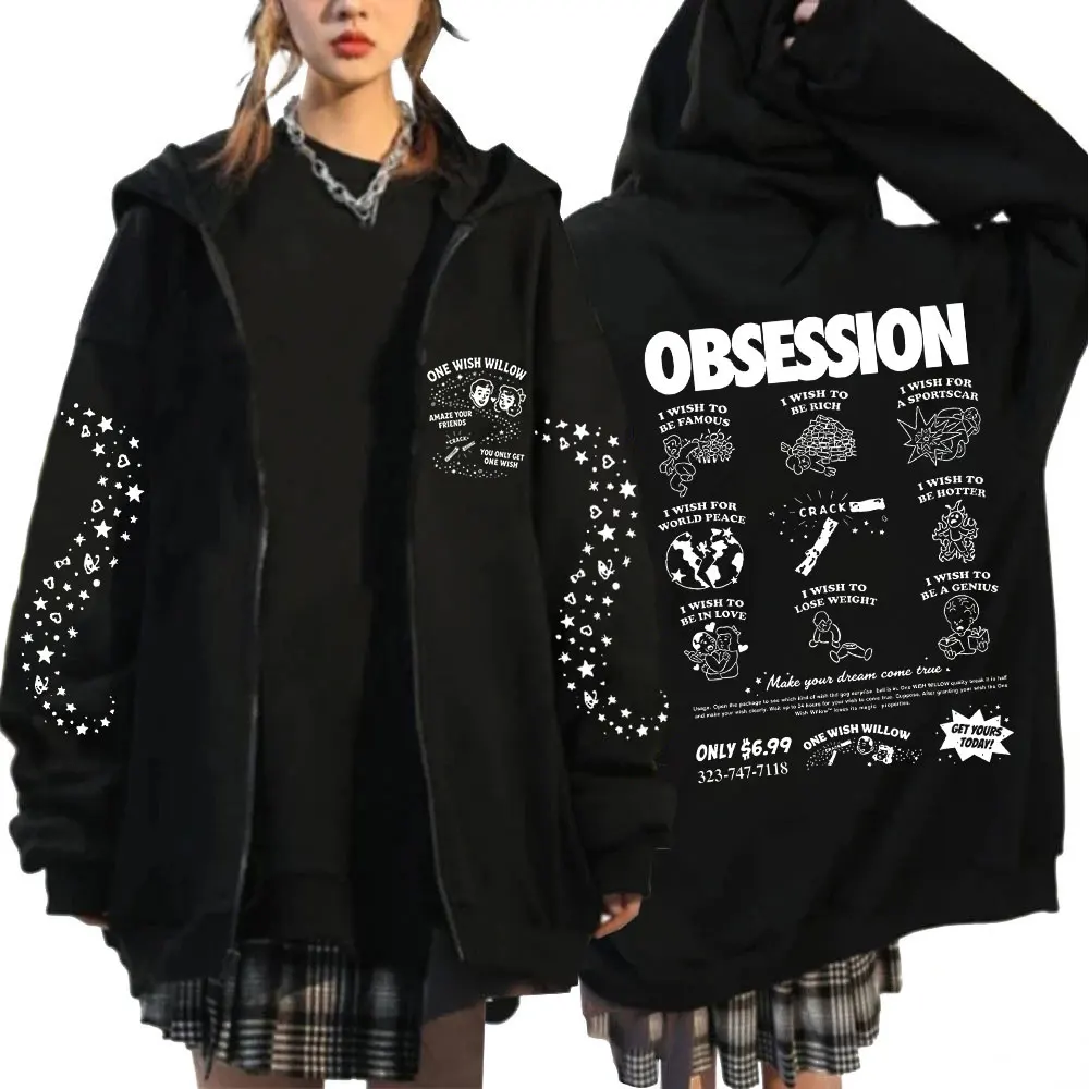 Horror Movie Obsession One Wish Willow Zipper Hoodies Men's Women Gothic Long Sleeves Zip Up Oversized Sweatshirts Jackets Coats