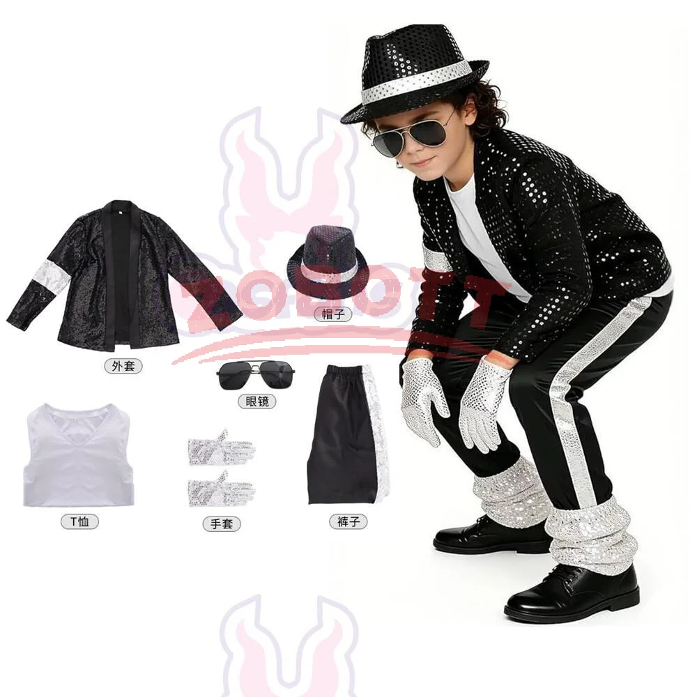 Michael Jackson Billie Jean Cosplay Geburtstags-Party Tanz-Star-Kostüm-Set Metallisch Glänzende Bühnen-Party Teenager-Tanzoutfits
