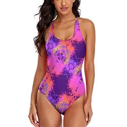 Purple Splatter Swimsuit Abstract Print One Piece Swimwear Push Up Pool Monokini Cross Back Swimsuits Women Pattern Beach Wear