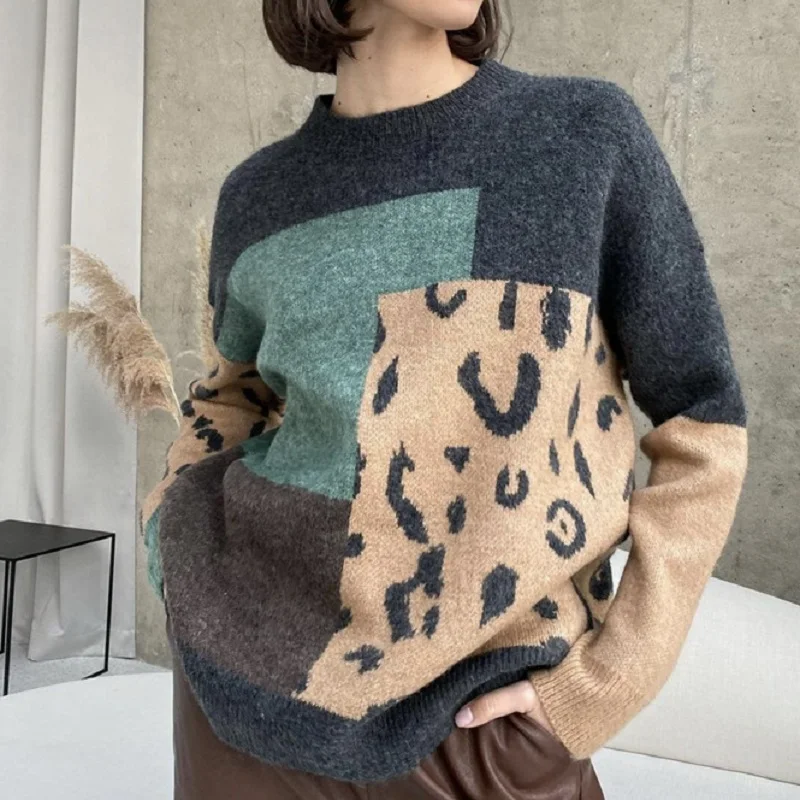 

Casual Loose Spliced Leopard Print Knitted Sweater Pullover Autumn/Winter Women's Pullovers Soft Thick Sheep Full Sleeve Tops