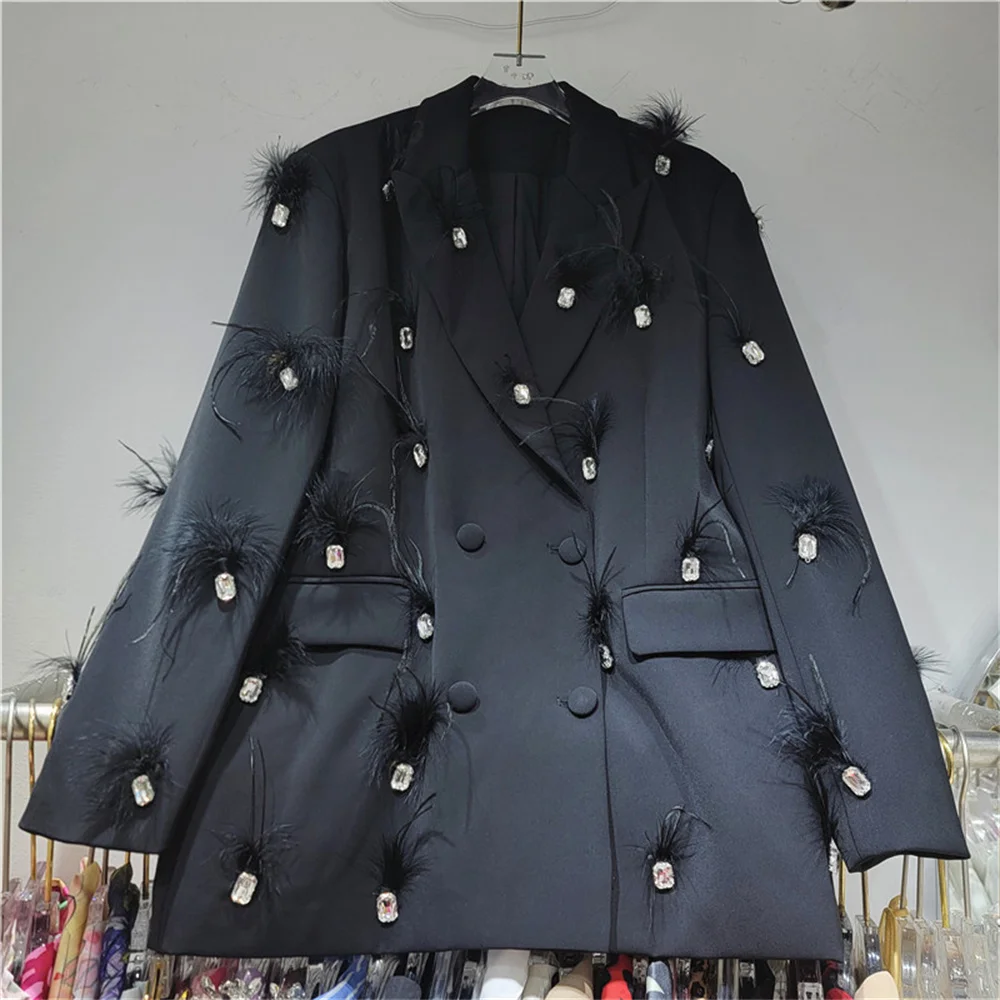 Rhinestone-spliced feather double-breasted loose ostrich feather blazer black white color
