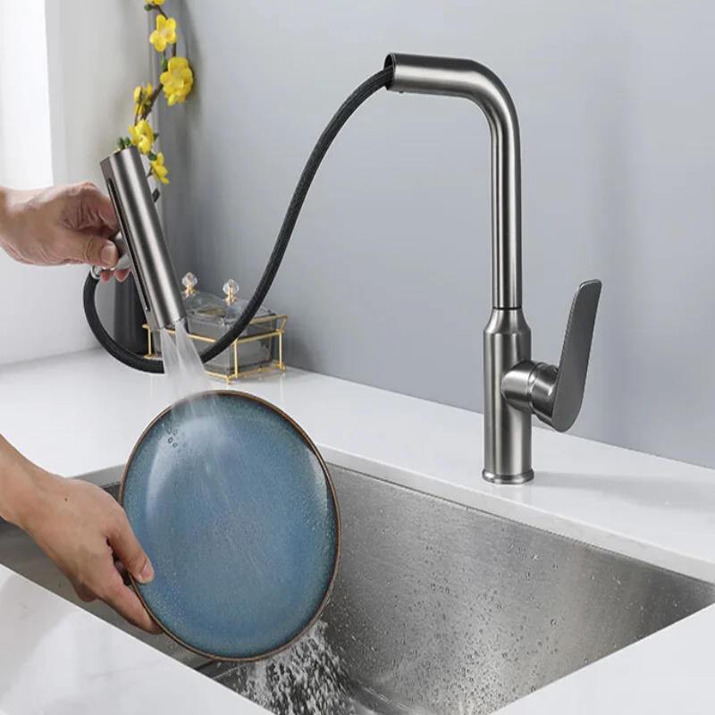 Grey Pull-Out Kitchen Faucet SUS304 Chrome Rotating Kitchen Tap Hot & Cold Sink Faucet  Sink Dishwasher Multifunctional Faucet