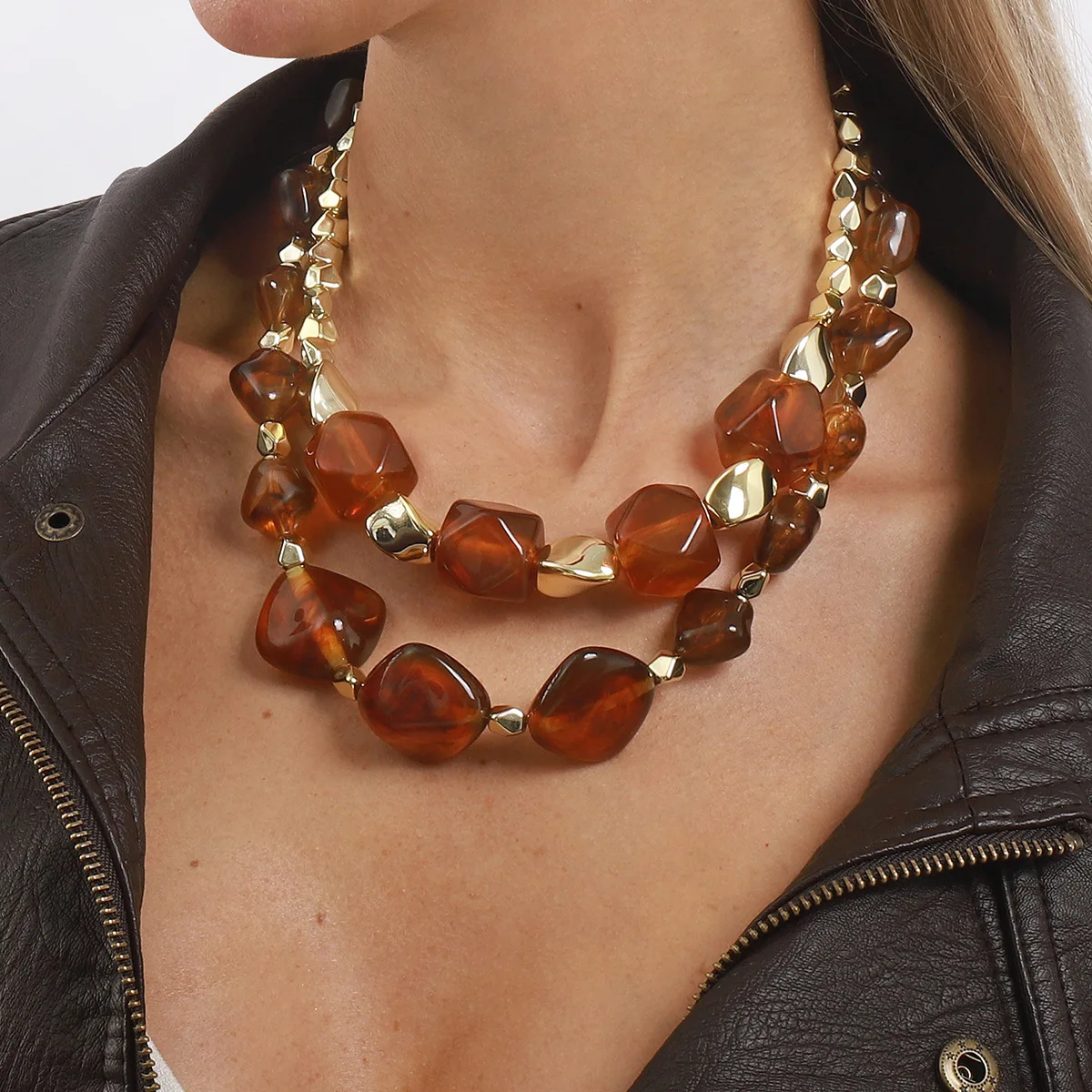 Edgy Double Layer Geometric Cut Chunky Resin Bead Necklace Amber Color Statement Choker For Women Cool Punk Jewelry Gift