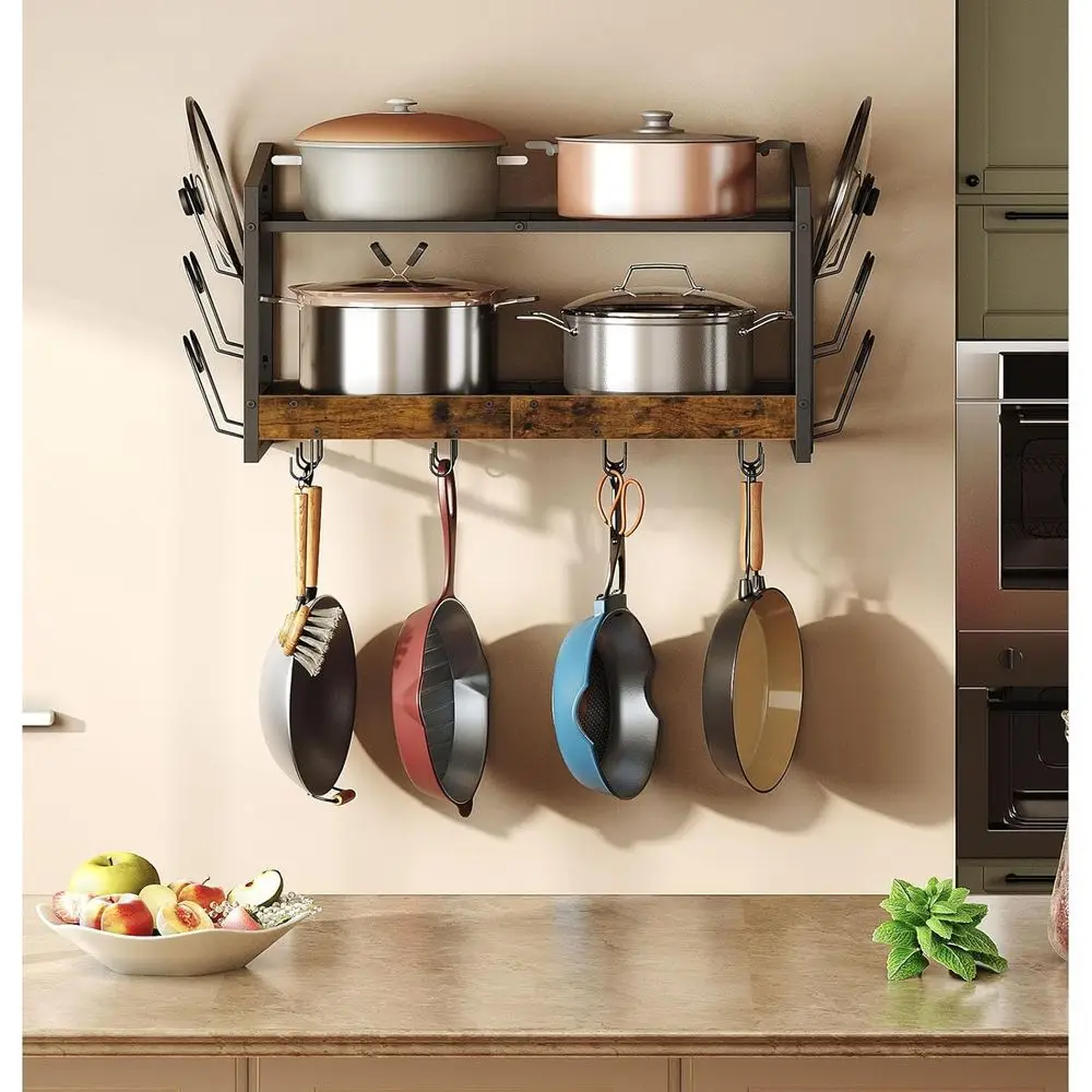 رف أوعية مثبت على الحائط من طبقتين، 12 خطافًا، منظم تخزين المطبخ للأواني والمقالي والأواني والبني الريفي TPR02BF #4