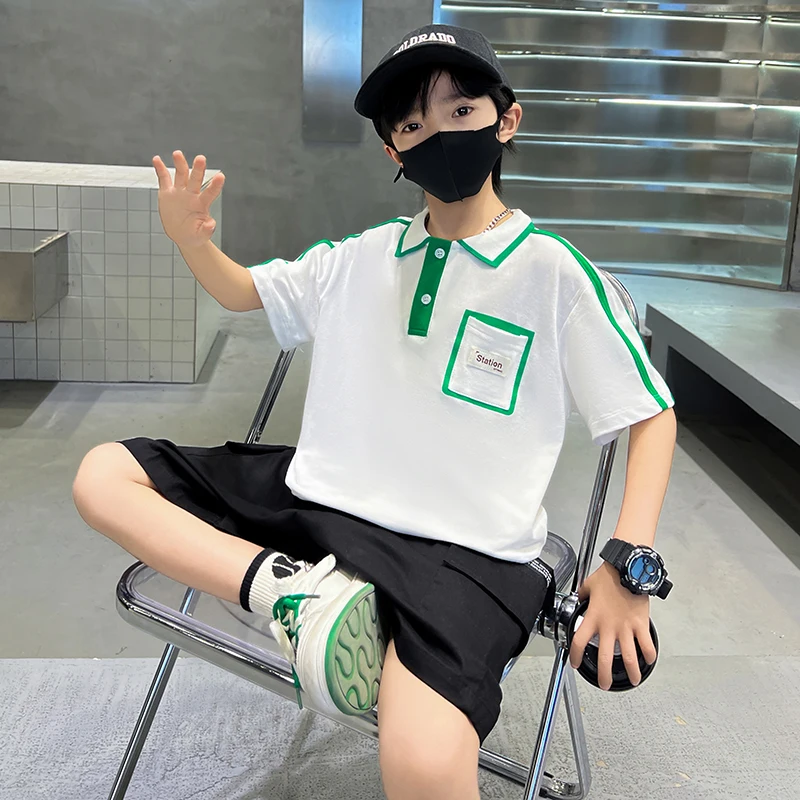 Boys Polo Shirt Set New Pi Shuai Men's Treasure Foreigner Short sleeved Korean Children's Summer Casual Two Piece Set