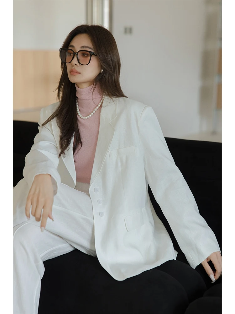 

Белый льняной пиджак женский свободного кроя, повседневный, с длинным рукавом, модный, весенняя новинка, верхняя одежда Queen's Home Sli