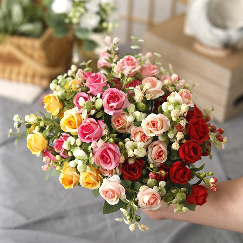 New 10Heads Rose Artificial Flowers Western Rose Wedding Garden Party Table Decoration Bridal Bouquet Fake Flowers Arrangment