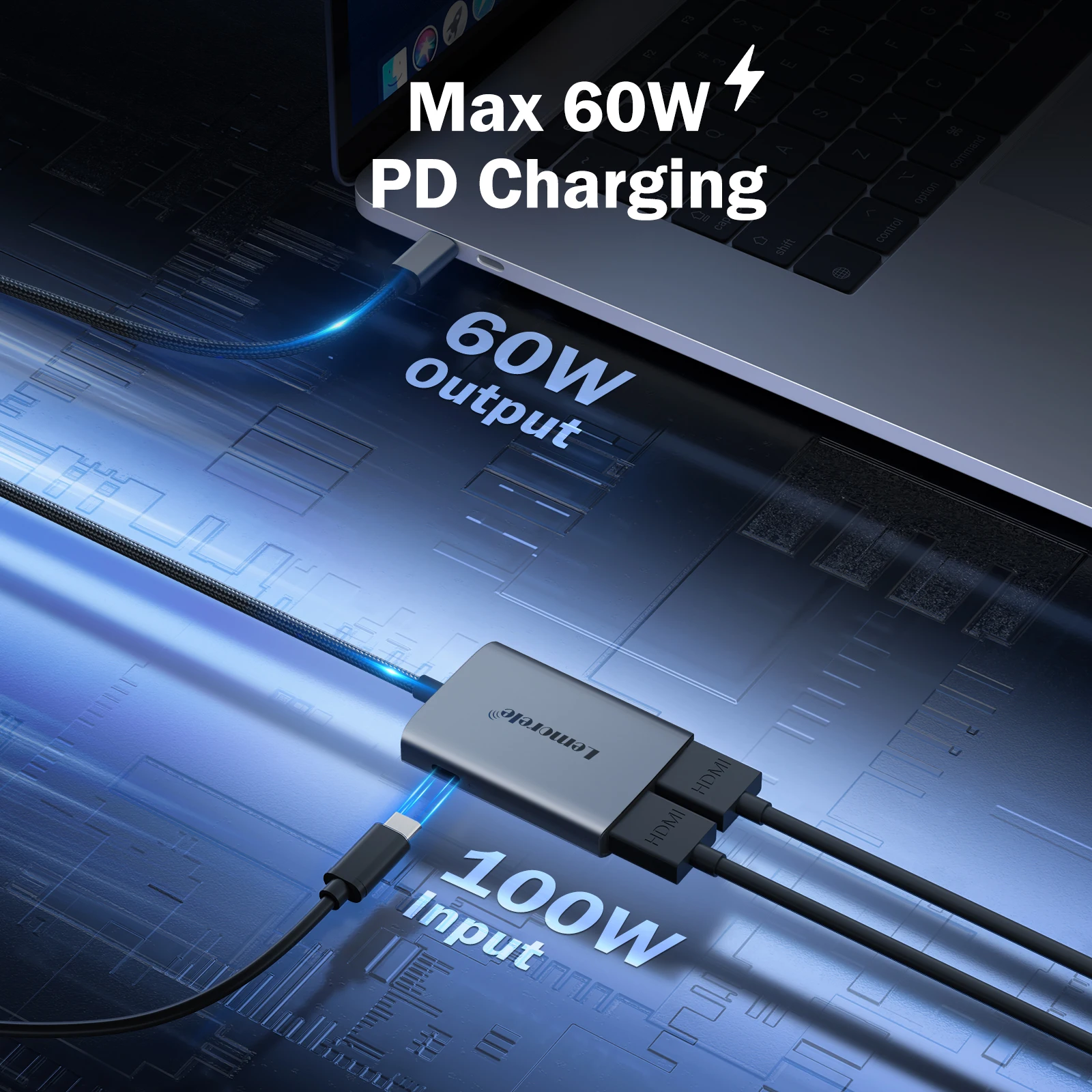 Lemorele HD30 USB C MST HUB 4K Mac & Win MST محطة إرساء شاشة ثلاثية USB-C/A إلى 2x HDMI كابل مضفر من الألومنيوم