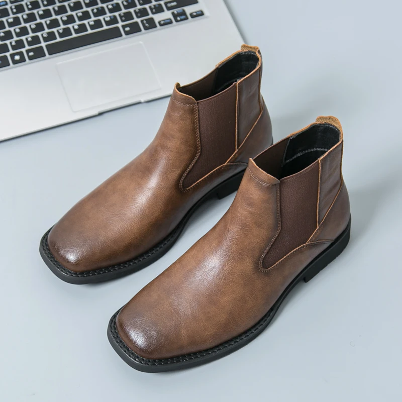 Business Ankle Boots Men Square Toe Two-layer Pigskin European Style Business Office Fashion Chelsea Boots Size 38-46 Men Boots