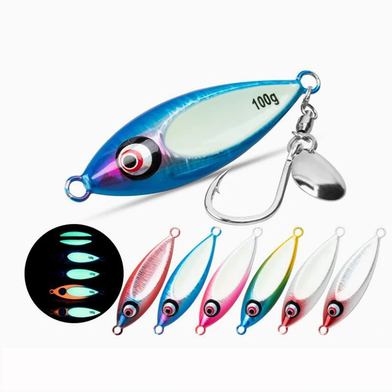 

AI-SHOUYU New 80g 100g Slow Sinking Lure Jigging Bait Metal Jigs Sea Fishing Slow Pitch Jig Bait Glow Jigging Lures With Hooks