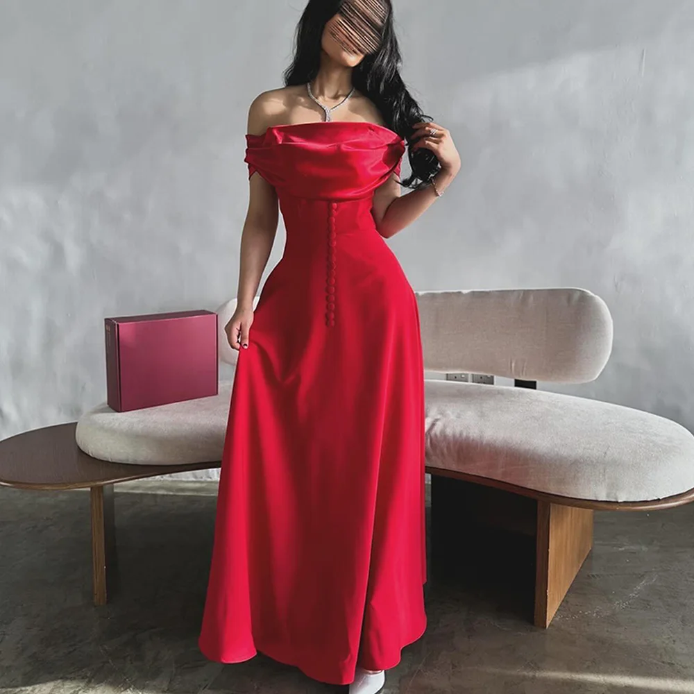 

Fashion A-Line Ankle Length Strapless Off the Shoulder Jersey Pleats Evening Dress Elegant Photo Color فساتين سهره نسائيه فخمة