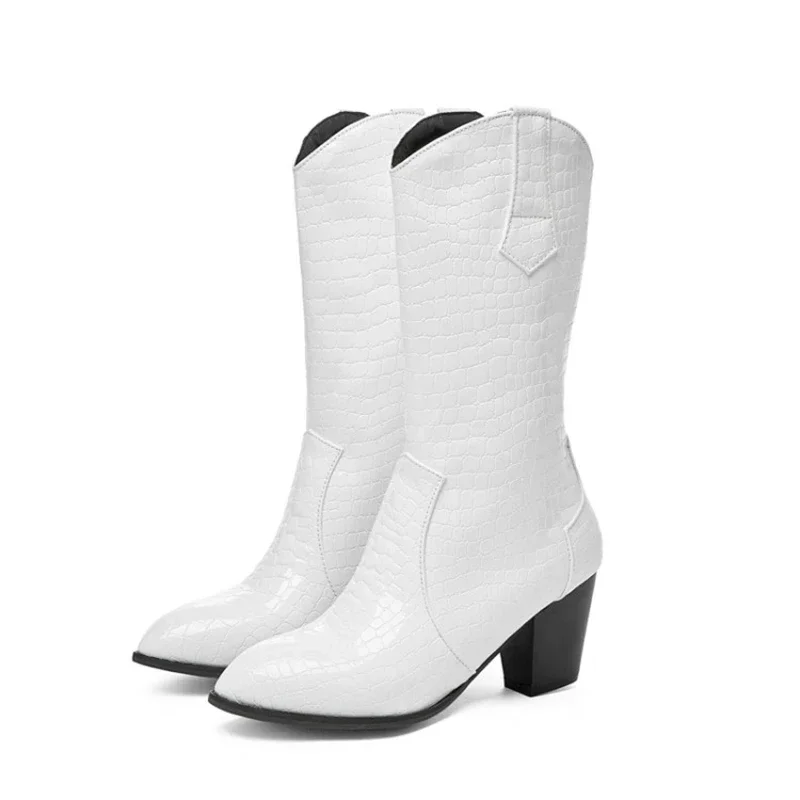 بوتاس دي موهير النساء الأحذية قبعات رعاة البقر الغربية الأحذية بولي Leather جلد عالية الكعب أحذية منصة القوطية حجم كبير 46 47 48 307-1