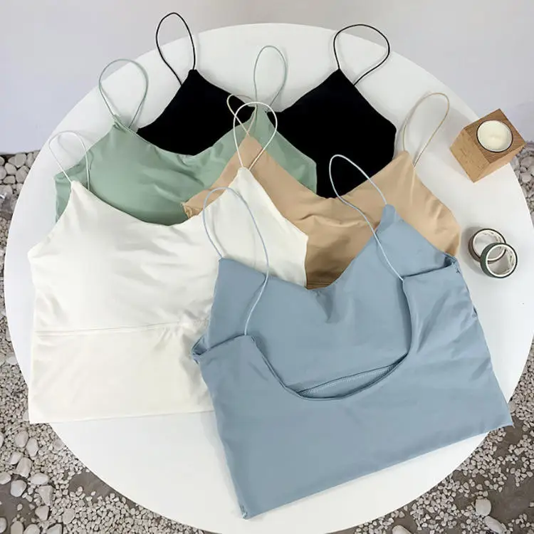 Summer Ice Silk Seamless Short Strap Vest Women's Integrated Fixed Cup Beautiful Back Inner Wear Outer Wear Slimming Base Wra...