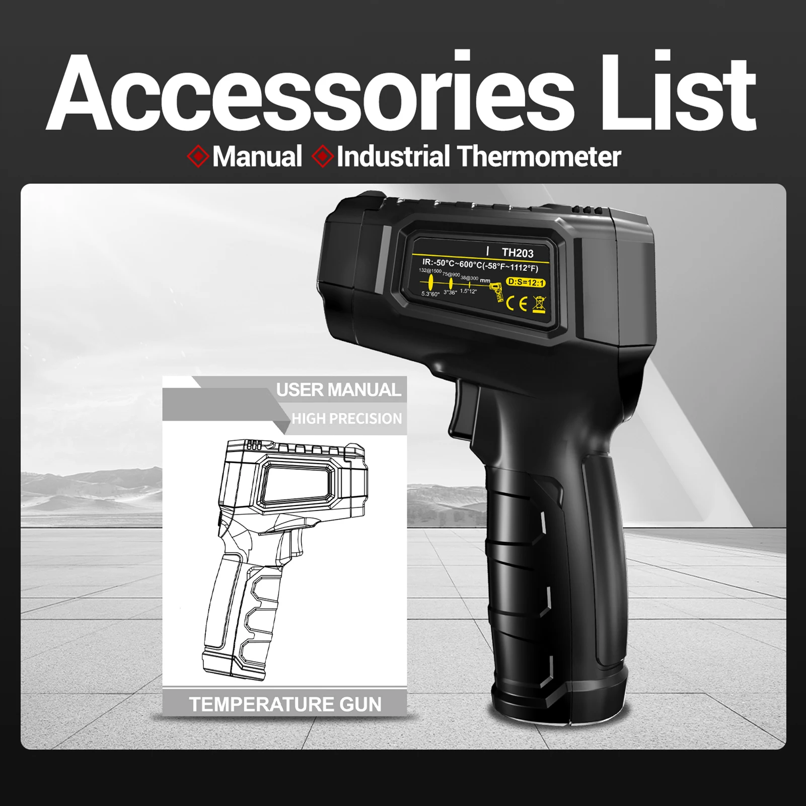 Infrared Thermometer Temperature Sensing Gun -50°C to 600°C with Adjustable Emissivity 12:1 D:S Ratio VA Reverse Color Display