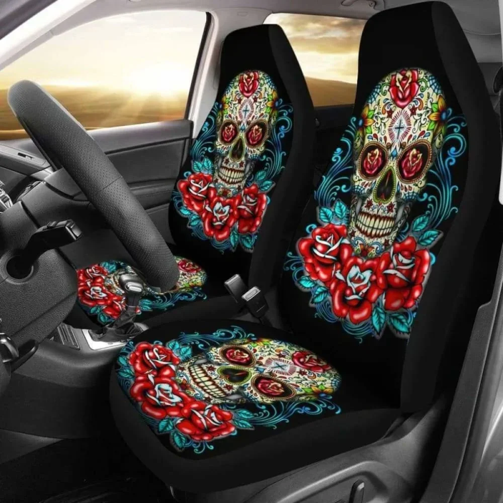 Set Of 2 Flower Sugar Skull Seat Covers,Pack of 2 Universal Front Seat Protective Cover