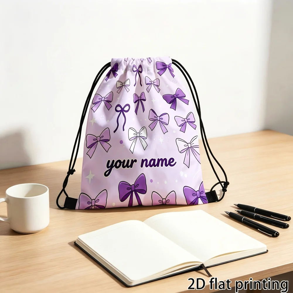 1Pc Custom Name/Text Purple Bow Pattern Drawstring Backpack, Lightweight Sports Bag, Gym Storage Bag, Outdoor Travel Rucksack
