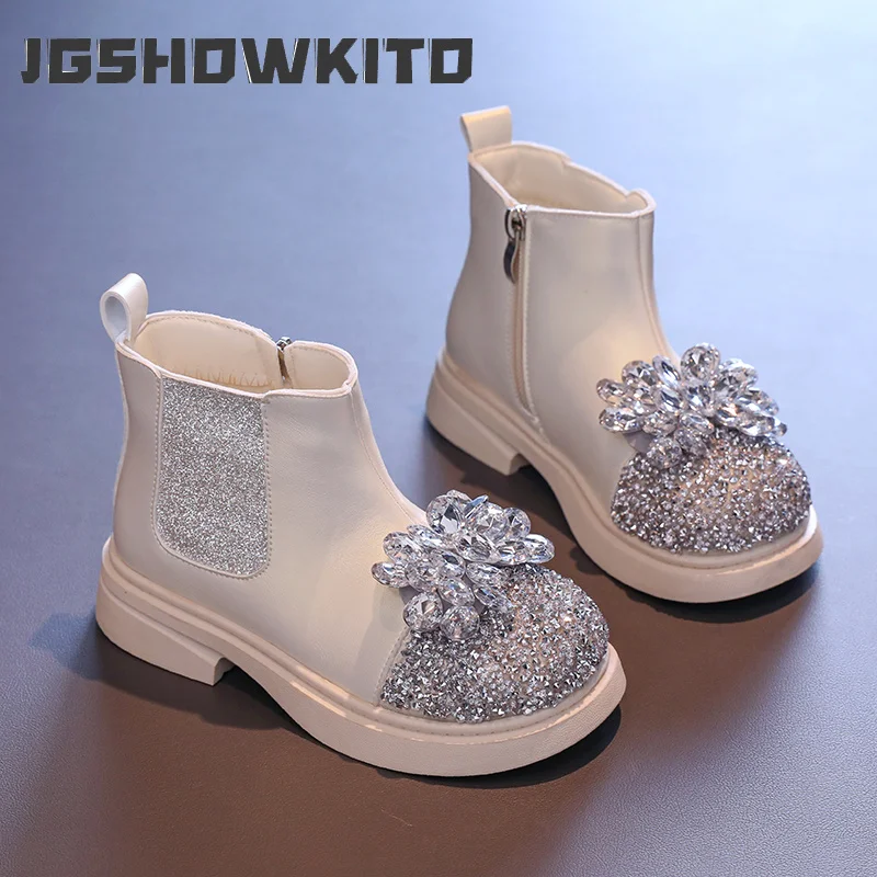 JGSHOWKITO Children Rhinestone Ankle Boots Glitter Platform Princess Boots for Girls Fashion Wedding Party Kids Leather Boots