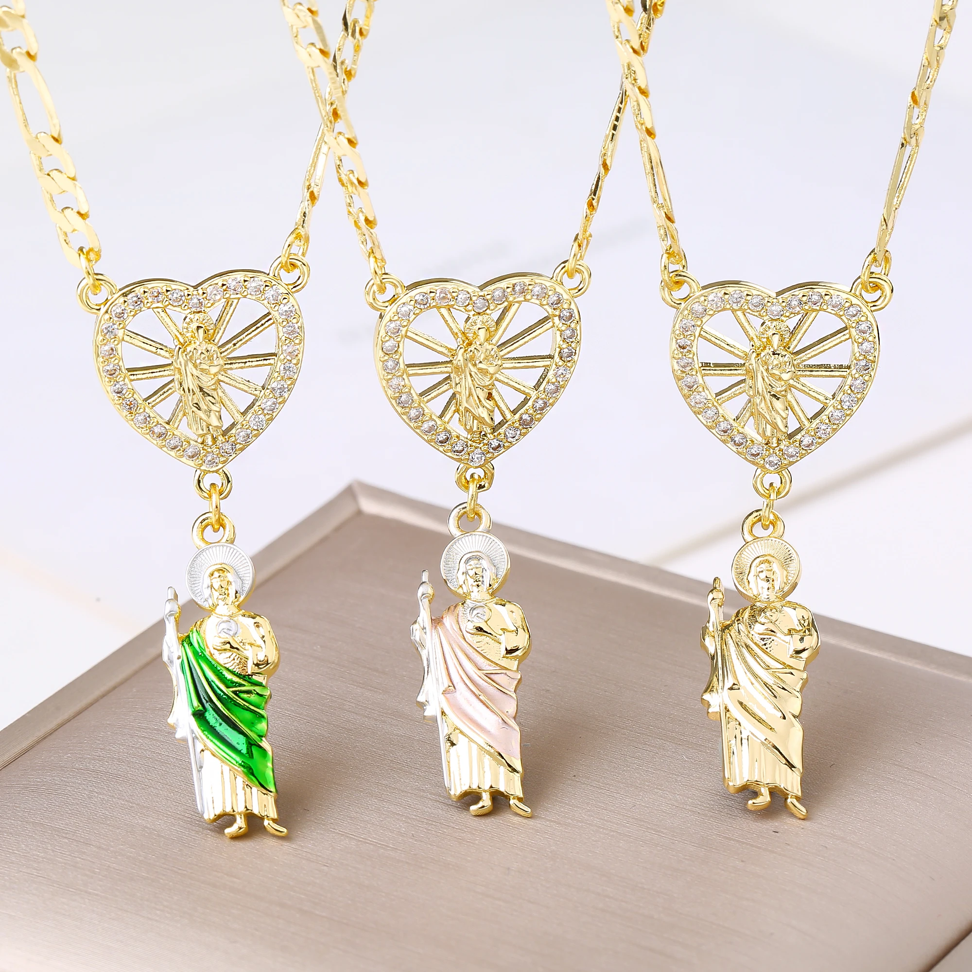Religious Saint Jude Necklace Gold Plated Heart Pendant Enamel Catholic Patron Saint Jewelry for Women Men Faith Amulet Gift