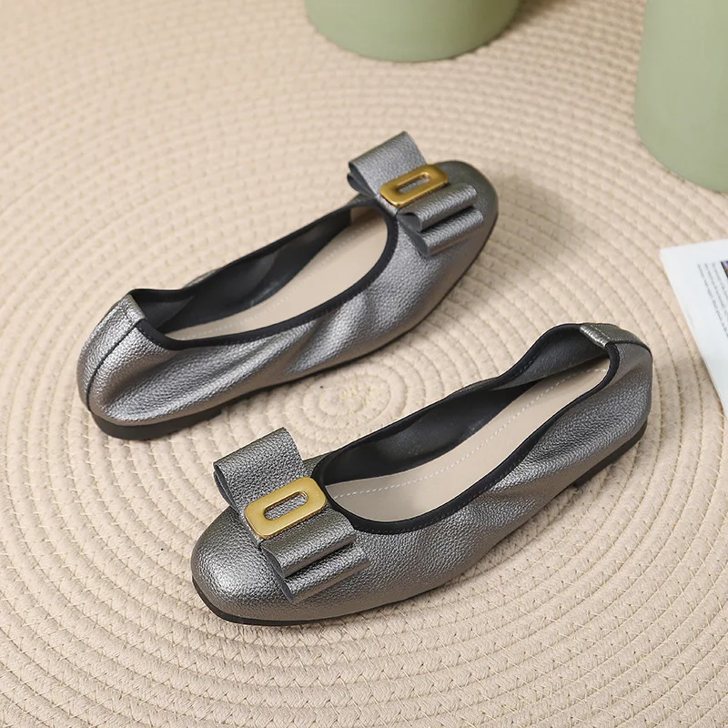 

Elegant Butterfly Knot Flats Ballet Flat Shoes Women Spring Autumn Butterfly Pointed Toe Silver Foldable Shoes Boat Shoes A0002