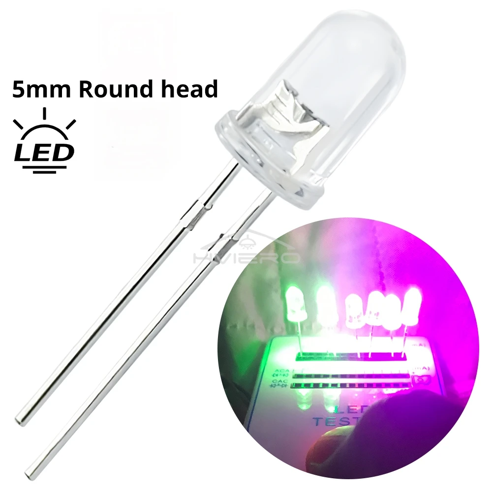 100/200X F5 5 มม.รอบน้ำไดโอด LED สีขาวสีแดงสีเขียวสีฟ้าสีเหลืองสีชมพูสีส้มซุปเปอร์ไบรท์ไลท์ไดโอดเปล่งแสงหลอดไฟ