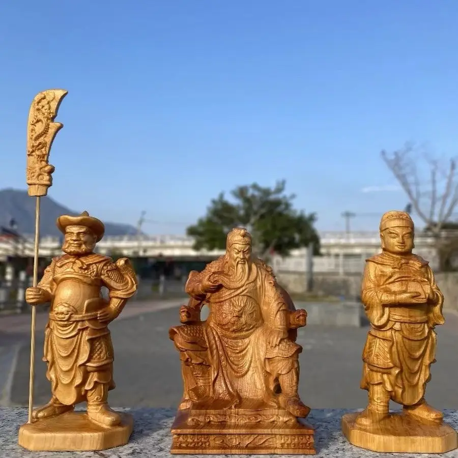 Exquisitely Carved Wood Statues of Guan Yu's Bodyguards Zhou Cang and Guan Ping Home Decor for Living Rooms