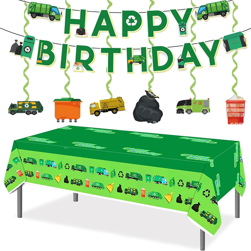 Cartoon Environmental Protection Vehicle Garbage Truck Tablecloth Balloon Kids Environmental Protection  Party Decor Supplies