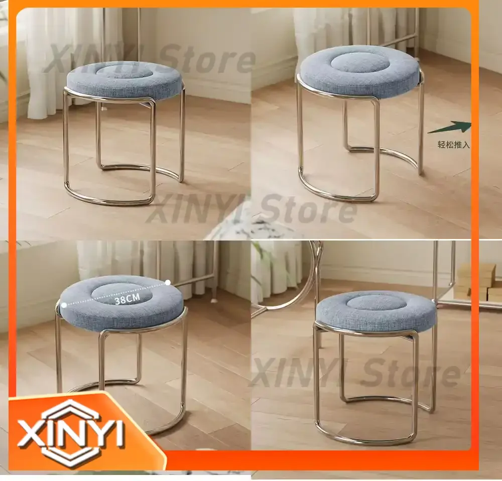 Luxury Round Ottoman Makeup Bench Chair for Home Bedroom Furniture Stainless Steel Retro Stool for Furniture
