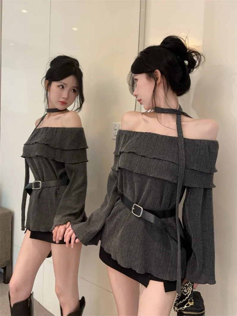

Gray Slimming Loose Long Sleeve Women's Base Shirt Sash Casual Style Spring Summer Korean Version Shoulder Bared Top