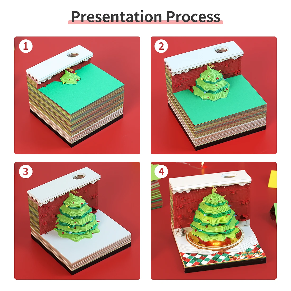 Omoshiroi Block 3D Notepad Mini Christmas Tree Led Lights 269Sheets 3D Memo Pads Diy Paper Notes 3D Sticky Notes Christmas Gift