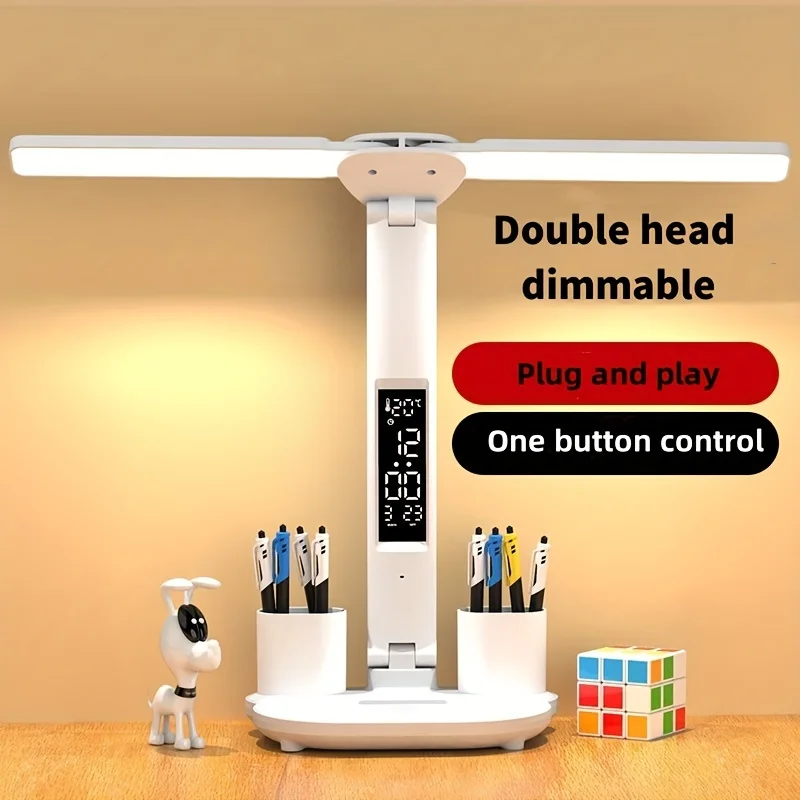 SMGXHE Desk Lamp with Two Adjustable Heads Featuring an LED Digital Display That Indicates The Time And Temperature of The Room