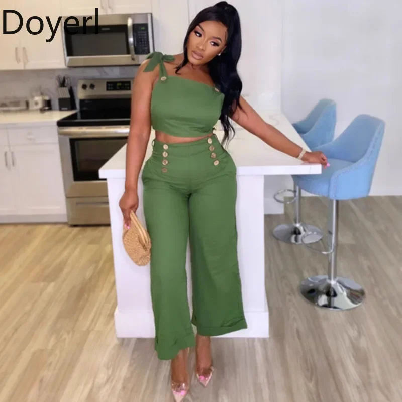 

Doyerl Summer Outfits Women Clothing 2 Pieces Set Vacation Lace-up Bow Crop Top and Buttons Ankle-length Pants Matching Sets