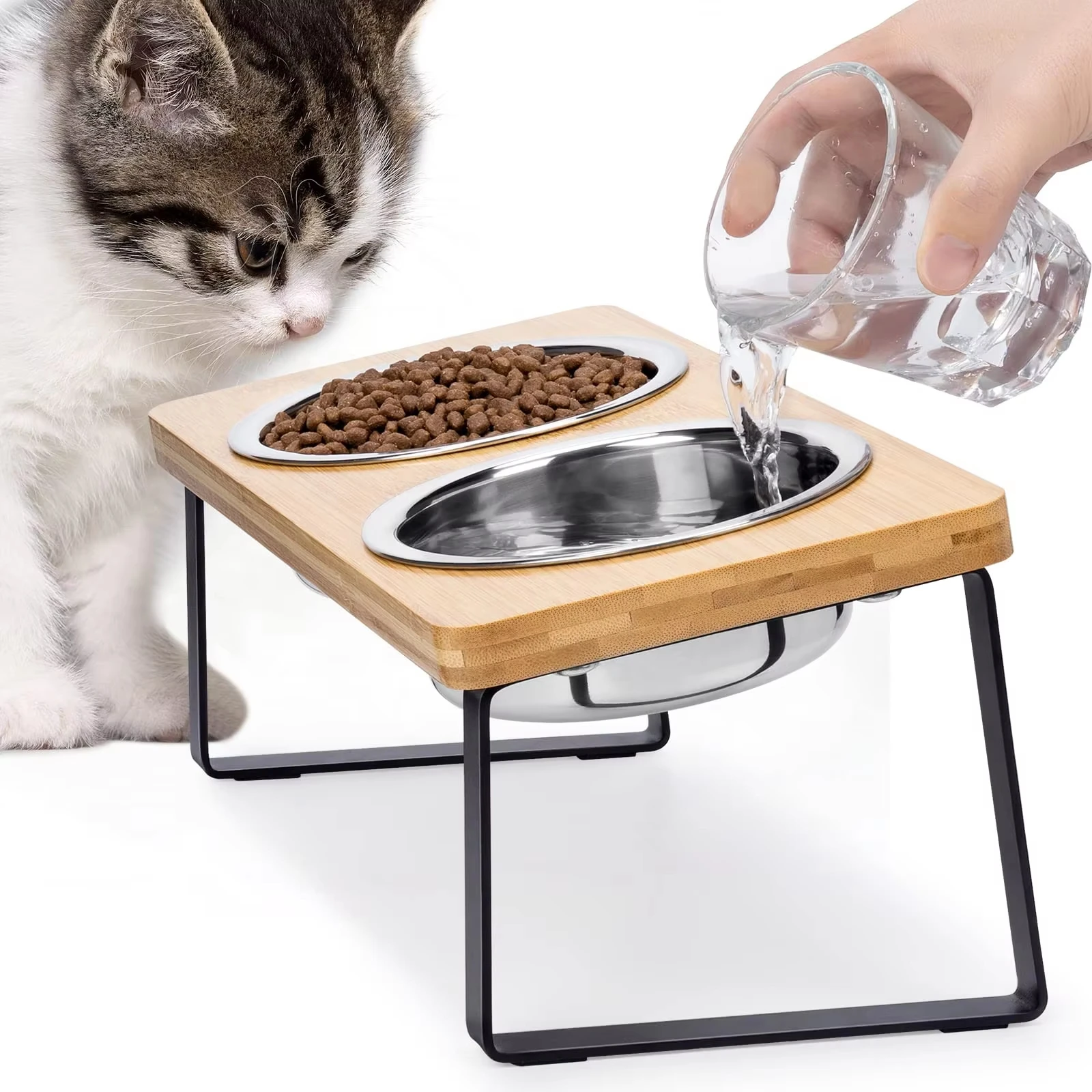 

Cat Bowls Pet Feeder 15° Tilted Raised Cat Food Bowls with Wooden Stand 2 Shatterproof Stainless Steel Bowls for Cats and Puppy