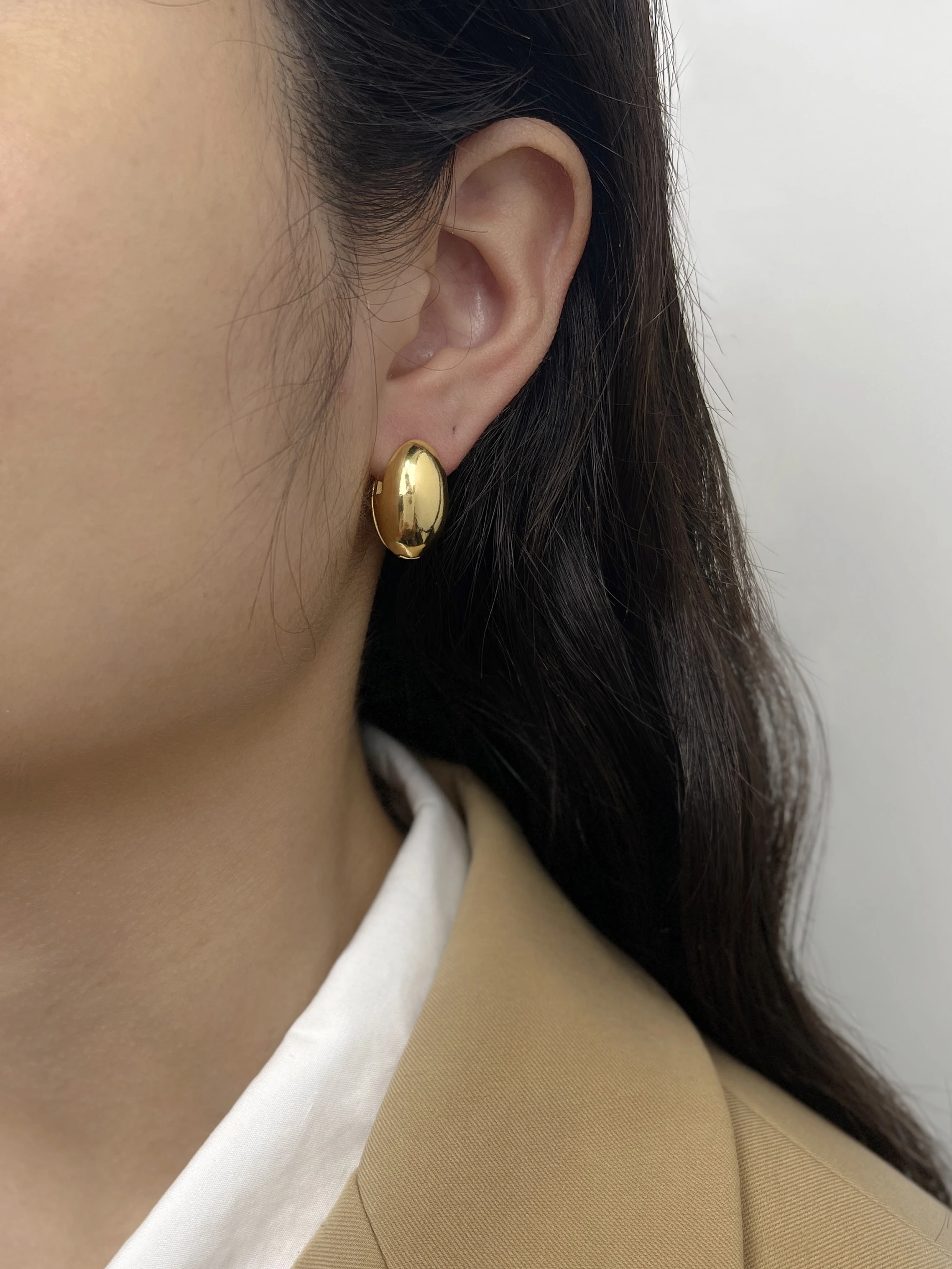 Peri\'sbox Minimalist Gold Silver Plated Oval Ball Huggie Earrings for Women Shiny Polished Bold Dome Hoop Earring Jewellery Gift