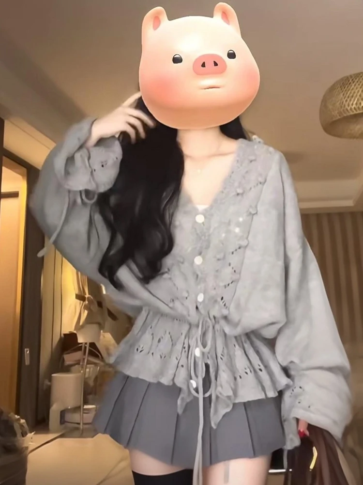 

Женский вязаный свитер с вырезами Long Sve V-Ne Princ Sve Юбка-миди Комплект из двух предметов Весна Осень Зима Свободный крой...