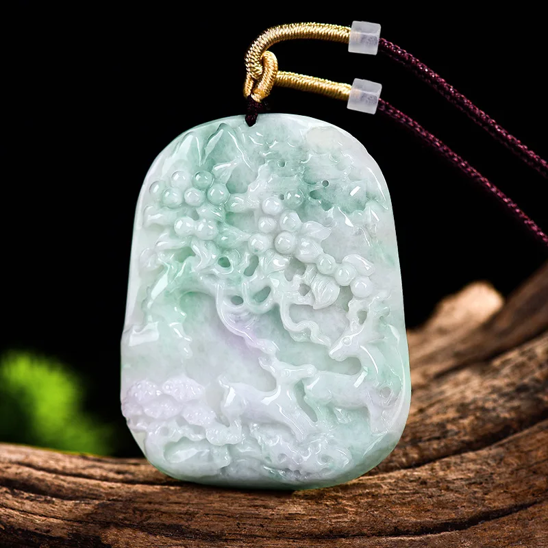 Authentic Natural Myanmar A-Quality Jadeite Pendant Ice-Clear Gemstone Necklace Spring Landscape Deer Design For Men Women