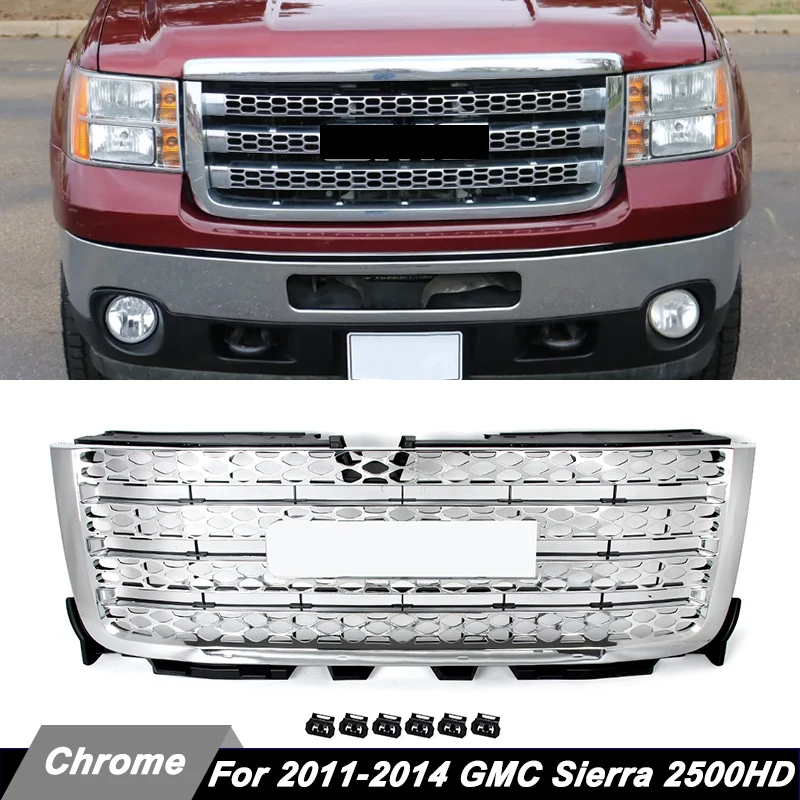 SAIQINGSP for GMC Sierra 2500 HD Denali Style Front Upper Grille Grill Racing Hood Mesh Grid 2011 2012 2013 2014 Chrome