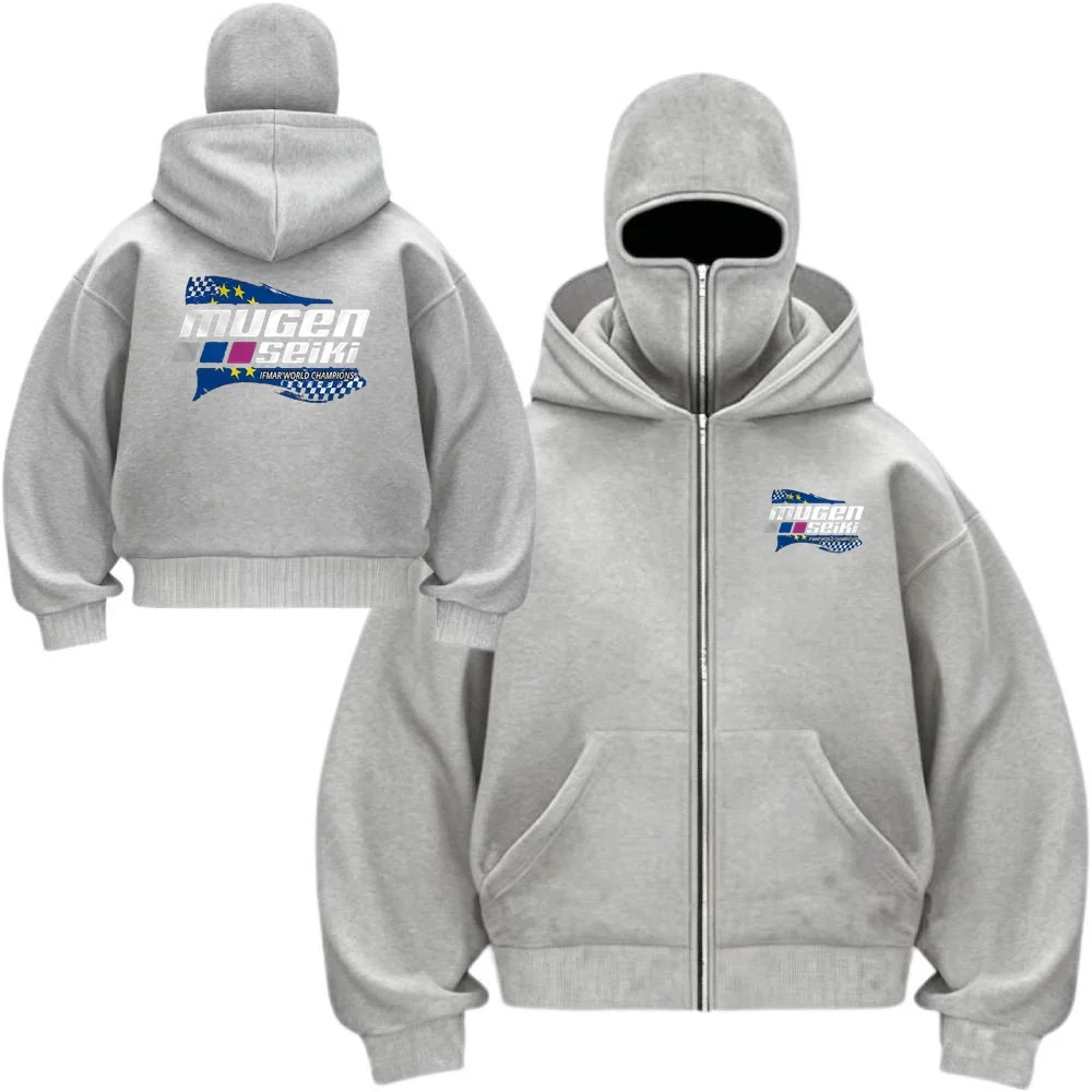 Casaco Masculino Mugen Seiki com Capuz Duplo, Moletom de Fleece Casual para Academia, Balaclava, Jaqueta Gótica Y2K, Hoodies Juvenis Harajuku